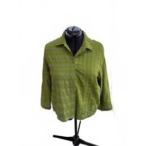 Green Textured Habitat Button Down Lagenlook Blouse Top Sz L